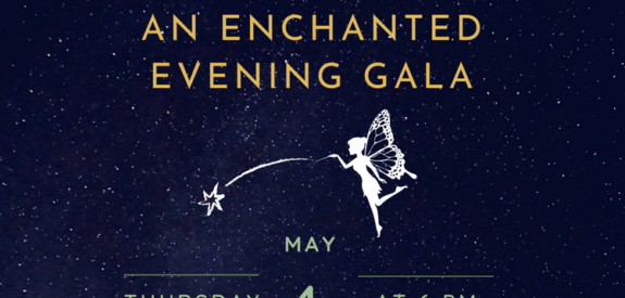 Starry night, moon, fairy, and greenery surround invitation to An Enchanted Evening Gala on May 4, 2023.