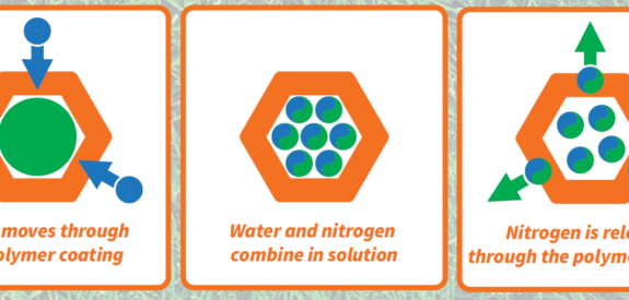Three panels depict water entering, mixing with nitrogen, then nitrogen leaving a hexagonal polymer coating.