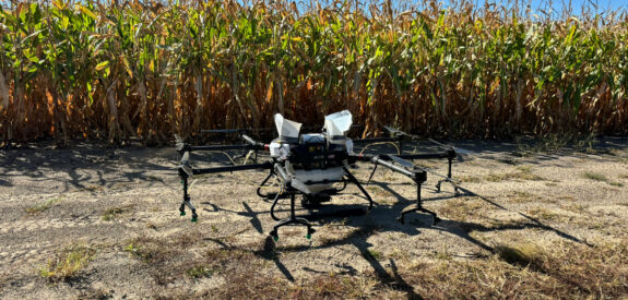 A large drone rests on dry soil before a tall cornfield, beneath a clear blue sky.