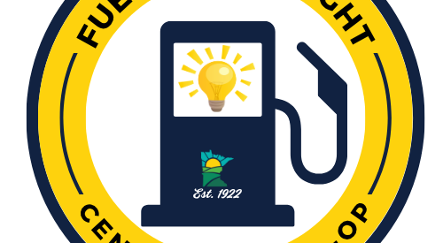 Gas pump with a glowing lightbulb above it and text: Fuel For Thought Centra Sota Co-op.