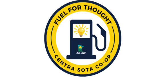 Gas pump topped with a light bulb, surrounded by “Fuel for Thought Centra Sota Co-op.”.