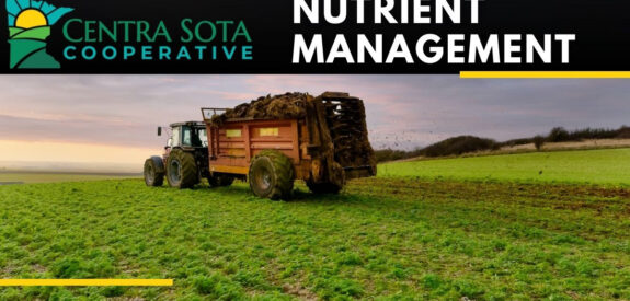 Tractor spreading manure on a green field, cloudy sky overhead, with Nutrient Management text and logo.