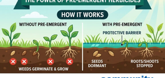 Infographic shows weed growth with versus without pre-emergent herbicide plus lawn care contact details.