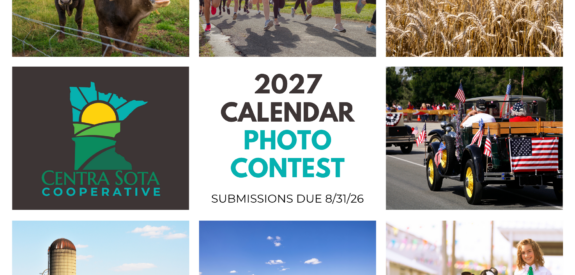 Collage shows cows, runners, crops, barn, lake, cars, and Centra Sota Cooperative photo contest details.