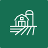Barn and silo with fields, outlined in white lines on a green background.