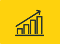 Four rising bars and an upward arrow on a yellow background, representing growth.