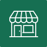 Small shop with awning in white outline, set against a green background.