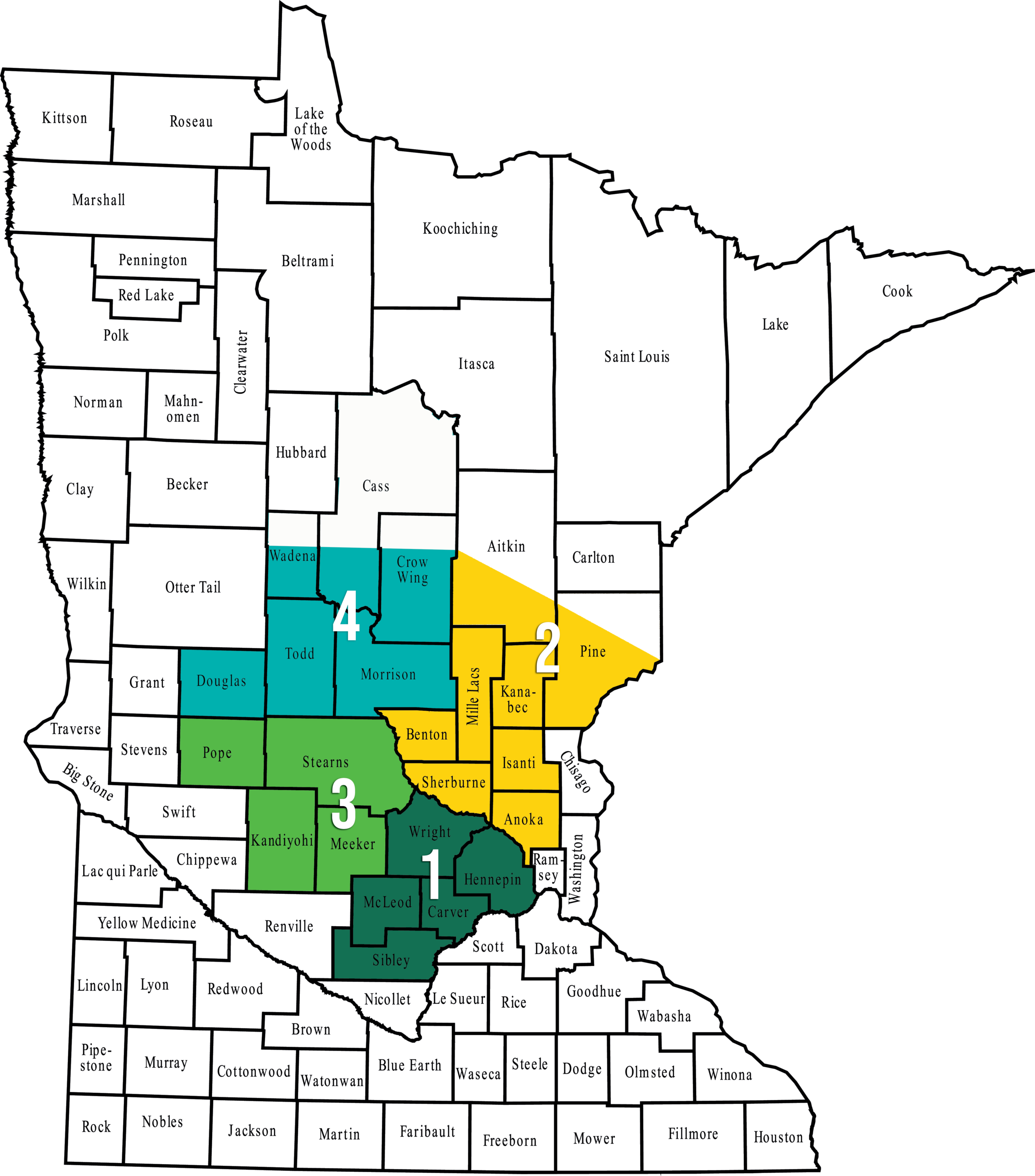 Minnesota county map with five regions highlighted and labeled 1-5 in green, yellow, and teal.