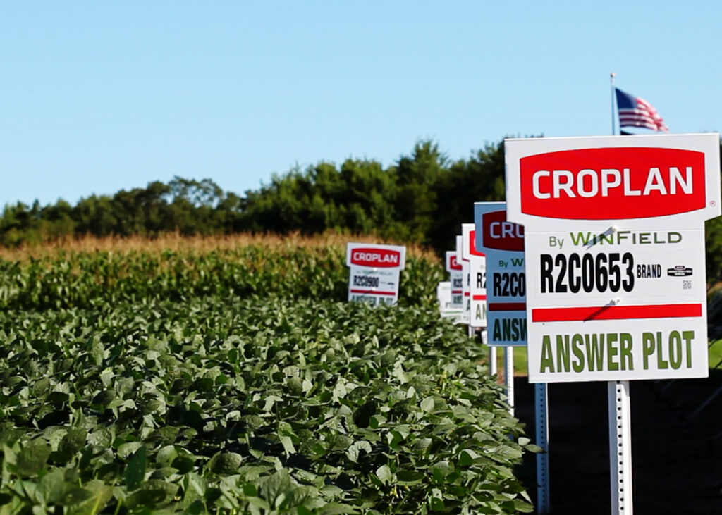 “CROPLAN Answer Plot” signs in a green crop field with trees and an American flag visible behind them.