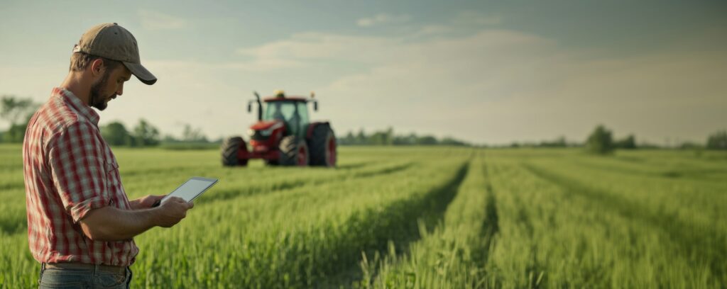 Farmer in a green field uses a tablet, with a red tractor visible in the background.