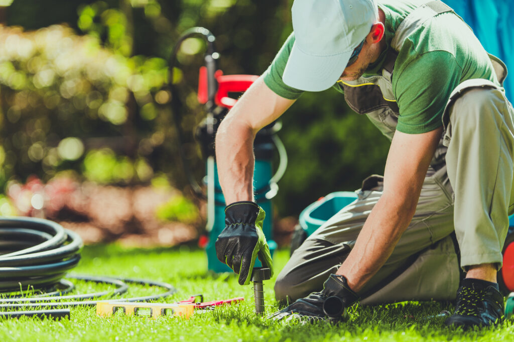 Worker in gloves repairs a garden sprinkler on a lawn, surrounded by tools and hoses.