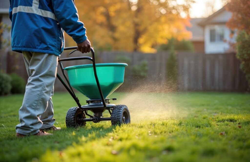 Person fertilizes a green lawn using a push spreader in a sunny backyard with autumn leaves.