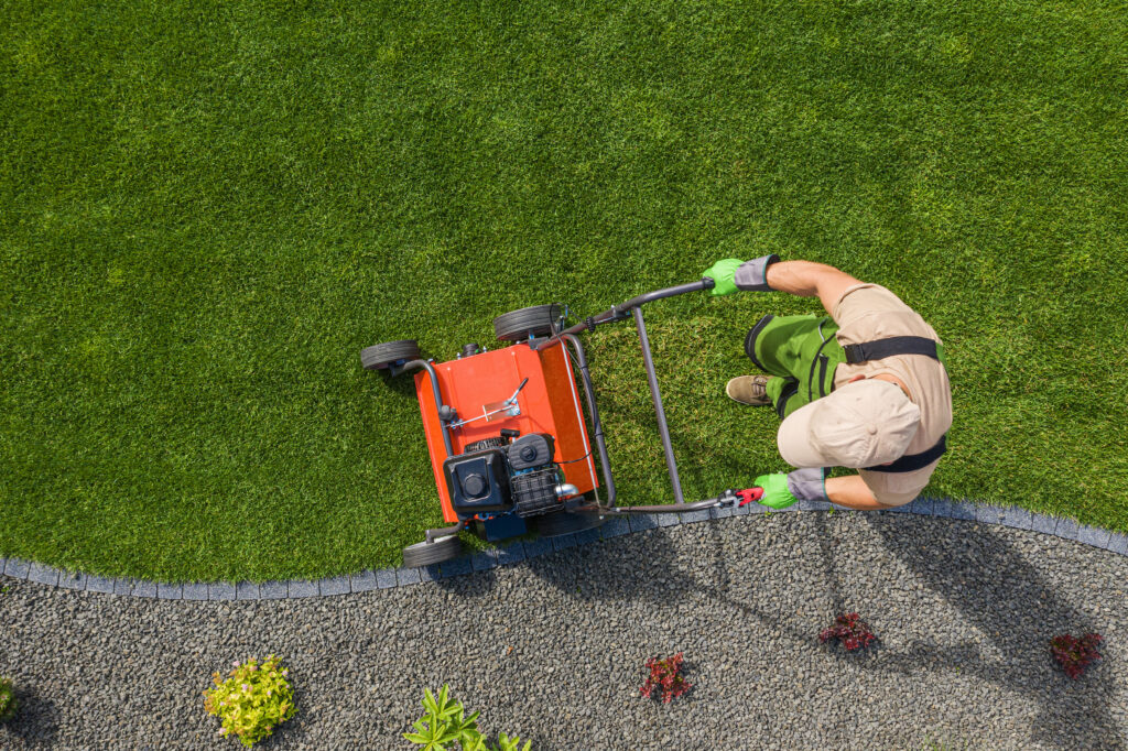 A person pushes a red lawnmower on grass beside a garden bed lined with decorative stones, viewed from above.