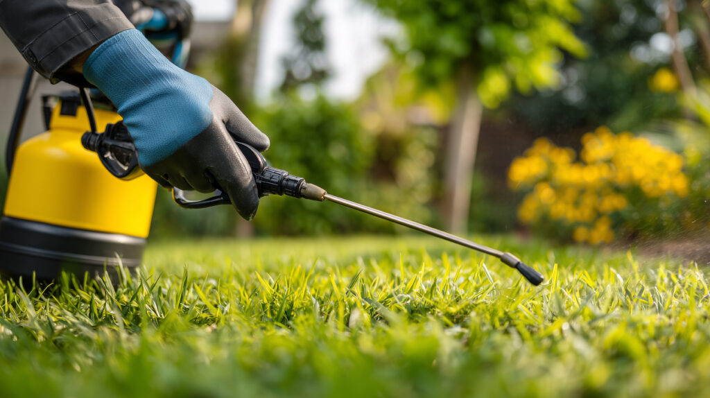 Gloved hand uses yellow sprayer to apply pesticide or herbicide on lawn outside in bright sunlight.