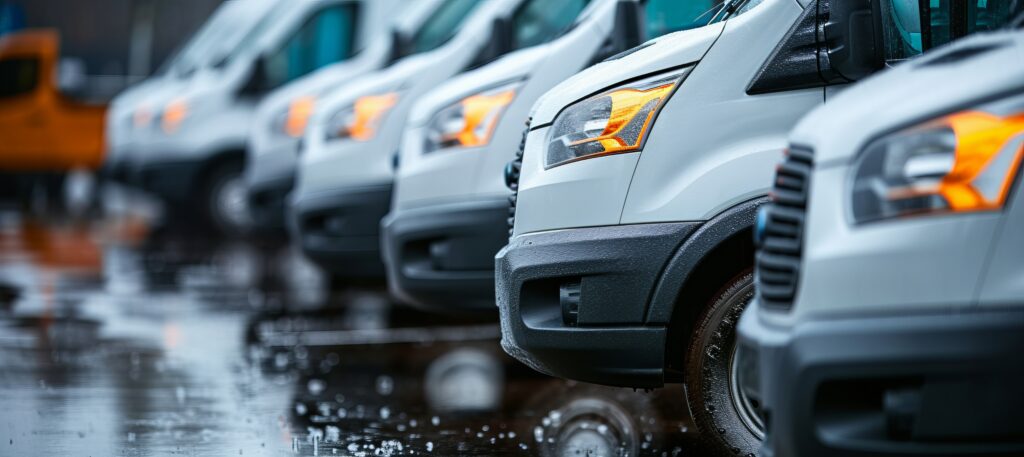 White delivery vans parked in a row on wet pavement, their reflections shining on the rain-soaked ground.