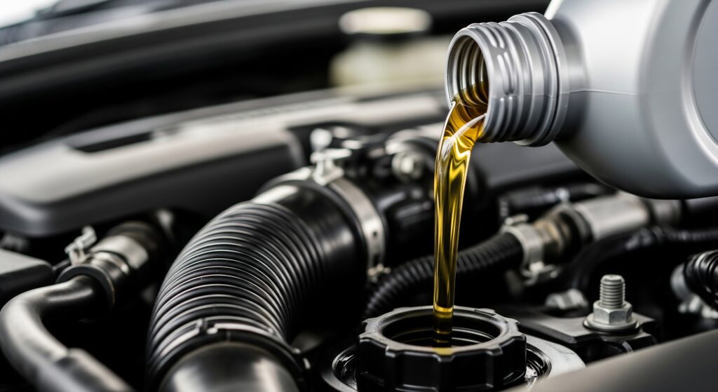 Motor oil flows from a bottle into the engine compartment of a car.