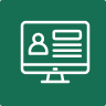 White monitor icon displays a user profile and text lines, all on a green background.