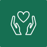 Two hands in white outline cradle a heart on a green background.