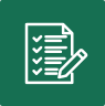 A white checklist and pencil icon displayed on a green background.