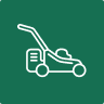 Simple white outline of a lawn mower centered on a solid green background.