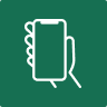 Outlined white hand holding a smartphone, centered on a solid green background.