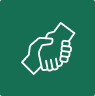 White outline of two hands gripping each other on green, representing support or assistance.
