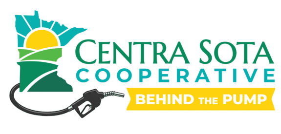 Centra Sota Cooperative logo featuring Minnesota outline, sun, fields, fuel nozzle, and “Behind the Pump” text.