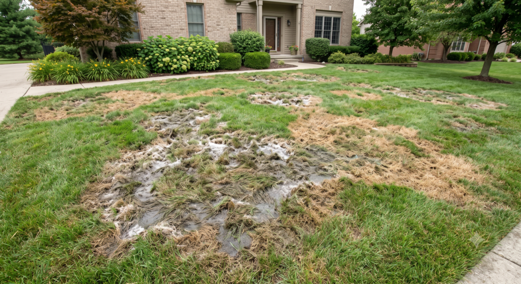 Front yard with dead grass patches, muddy spots, and white mold amid otherwise healthy green lawn.