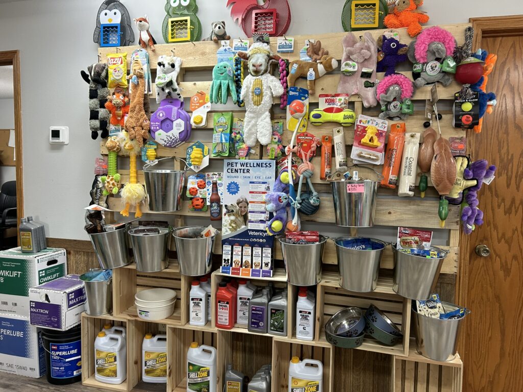 Colorful pet toys hang on a wooden wall; metal bins and various pet care products are arranged below.