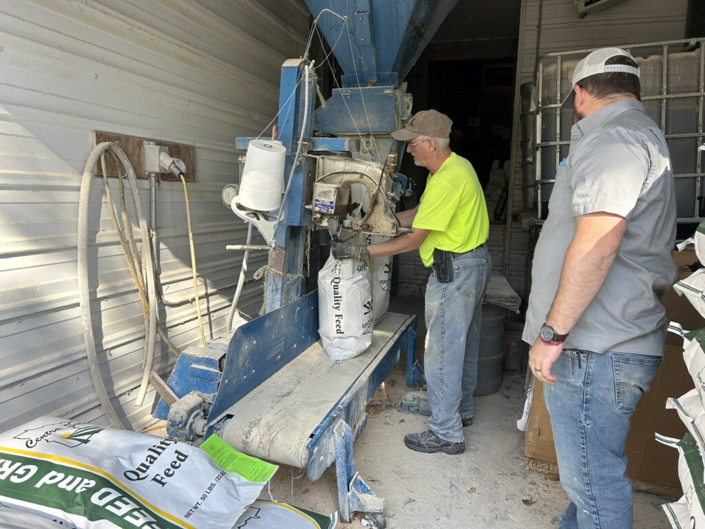 Two men operate a feed bagging machine, sealing bags of feed in a storage area.